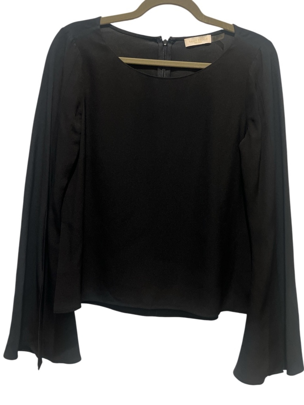 Ramy Brook Black Silk Bell Sleeve Blouse Back Zip Top Elegant Flowy Fit